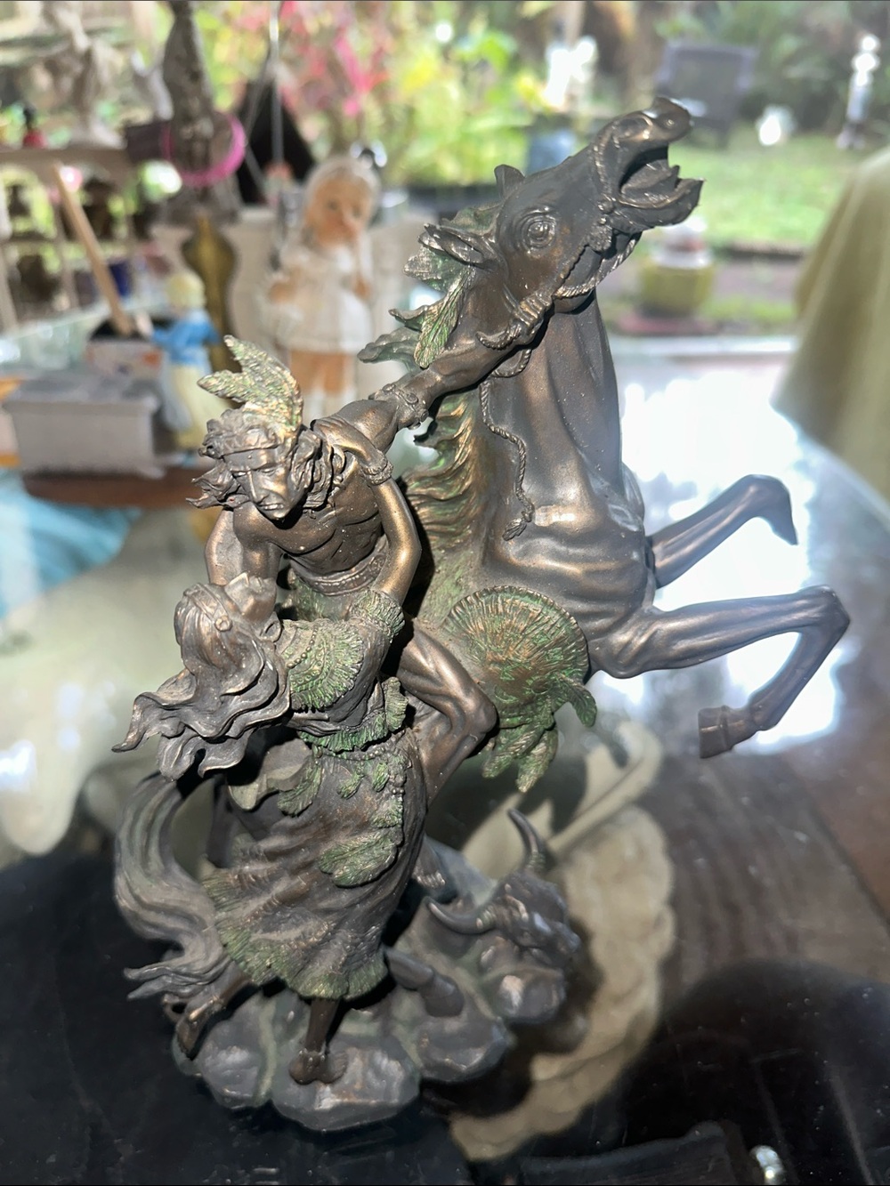 Bronze-Patina Horse and Rider Decorative Sculpture in Green Accents